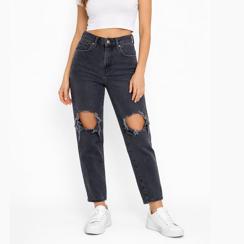 LEVI'S High Waisted Mom Jean Tapered Leg Stretch Distressed Black Women 28 x 28"